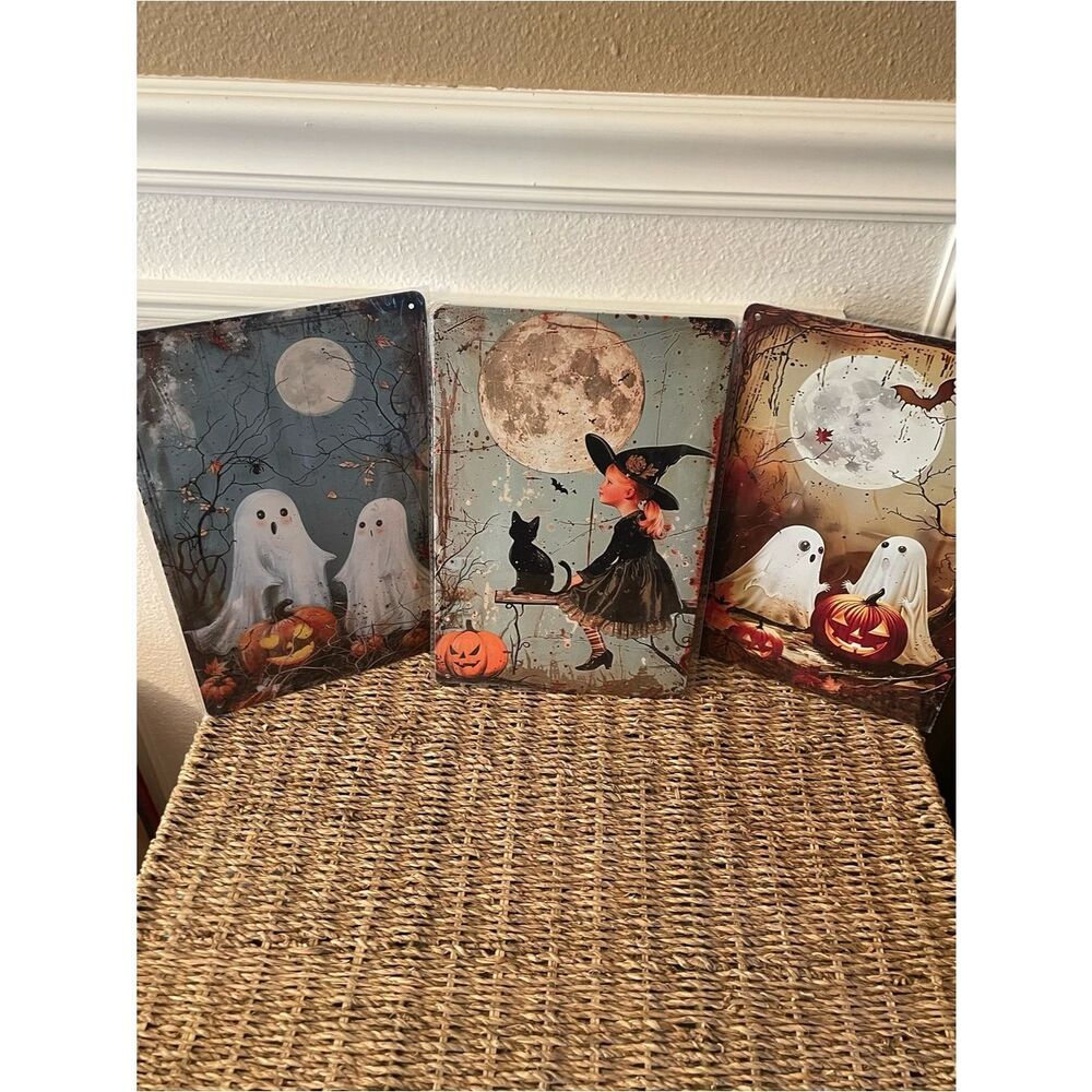 Vintage Halloween Witch & Cat & Ghosts Metal Sign - Black, Orange, White 8.5x12 - Picture 12 of 12